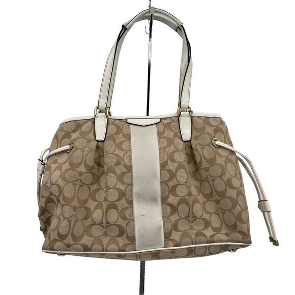Coach Signature Stripe Brown Drawstring Shoulder Handbag Satchel F28501 - Picture 1 of 11